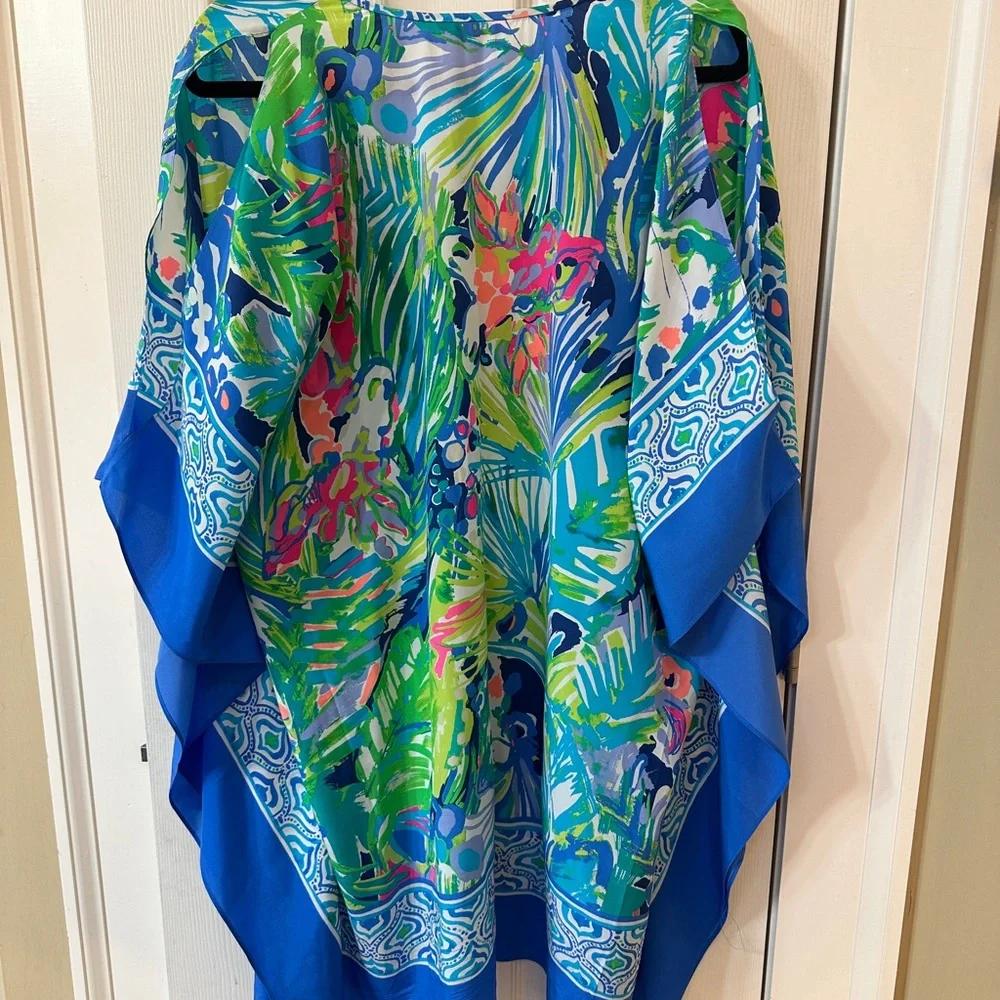 Blue Tropical Print Cold-Shoulder V-Neck Dress - Picture 6 of 6